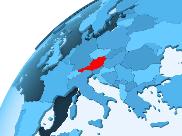 Avusturya kırmızı mavi model, şeffaf okyanuslar ile siyasi dünya üzerinde. 3D çizim.