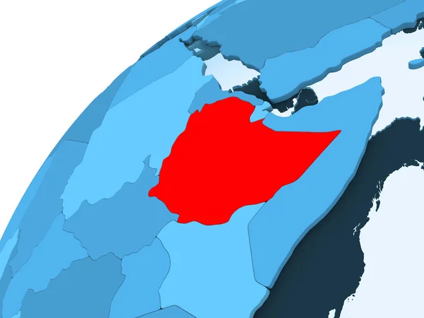 Etiopia Rosso Sul Modello Blu Del Globo Politico Con Oceani — Foto Stock