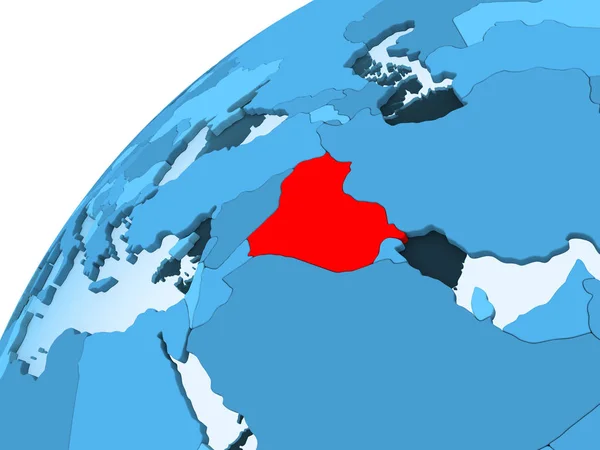 伊拉克以红色对政治地球的蓝色模型以透明的海洋 — 图库照片