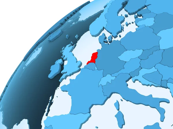 Nizozemsko Červené Barvě Modré Model Politické Zeměkoule Transparentní Oceány Obrázek — Stock fotografie