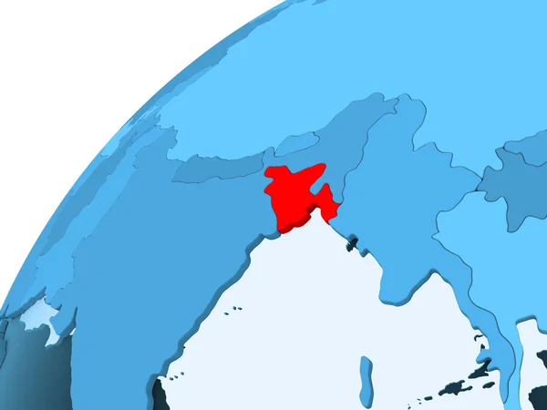 Bangladeş Kırmızı Mavi Model Şeffaf Okyanuslar Ile Siyasi Dünya Üzerinde — Stok fotoğraf