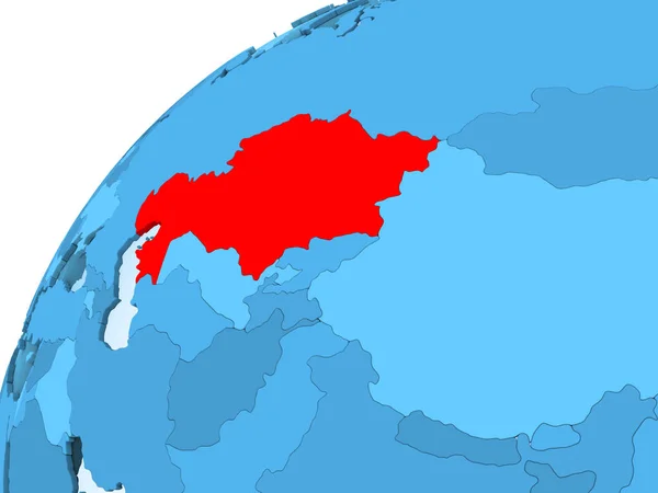 Καζακστάν Κόκκινο Χρώμα Στο Μπλε Μοντέλο Πολιτικό Κόσμο Διαφανές Ωκεανούς — Φωτογραφία Αρχείου