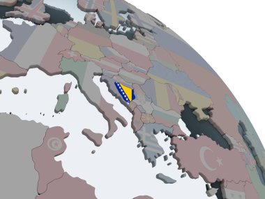 Bosna ve Hersek katıştırılmış bayrak ile siyasi dünya üzerinde. 3D çizim.