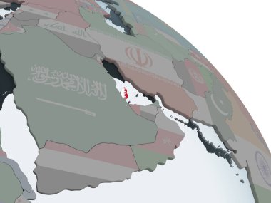 Katar katıştırılmış bayrak ile siyasi dünya üzerinde. 3D çizim.
