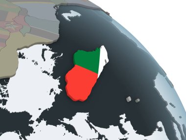 Madagaskar katıştırılmış bayrak ile siyasi dünya üzerinde. 3D çizim.