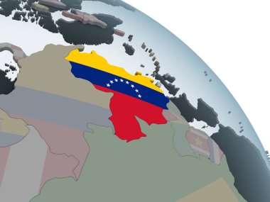Venezuela katıştırılmış bayrak ile siyasi dünya üzerinde. 3D çizim.