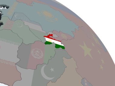 Tacikistan katıştırılmış bayrak ile siyasi dünya üzerinde. 3D çizim.