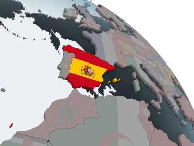 İspanya katıştırılmış bayrak ile siyasi dünya üzerinde. 3D çizim.