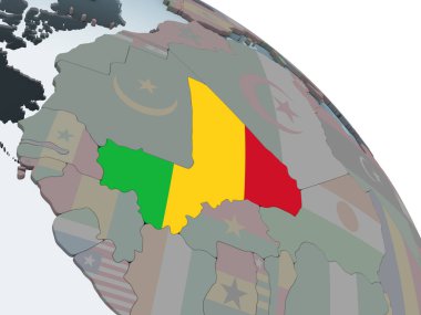 Mali katıştırılmış bayrak ile siyasi dünya üzerinde. 3D çizim.