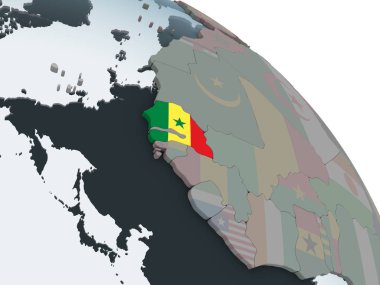 Senegal katıştırılmış bayrak ile siyasi dünya üzerinde. 3D çizim.