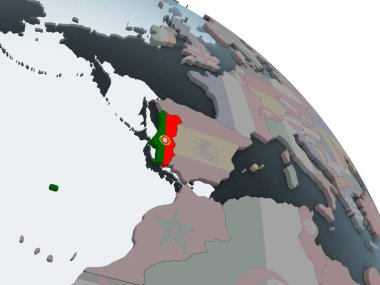 Portekiz katıştırılmış bayrak ile siyasi dünya üzerinde. 3D çizim.