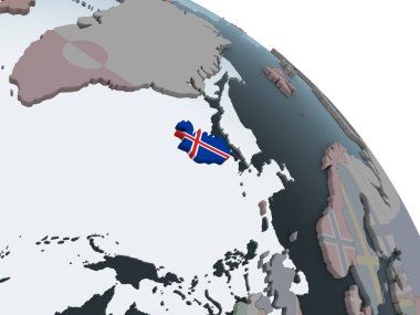 İzlanda katıştırılmış bayrak ile siyasi dünya üzerinde. 3D çizim.