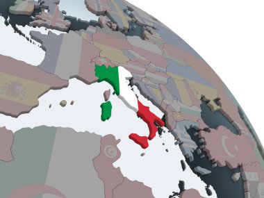 İtalya katıştırılmış bayrak ile siyasi dünya üzerinde. 3D çizim.