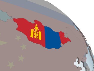 Moğolistan katıştırılmış bayrak ile siyasi dünya üzerinde. 3D çizim.