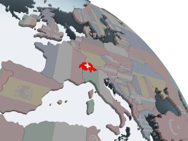 İsviçre katıştırılmış bayrak ile siyasi dünya üzerinde. 3D çizim.
