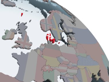 Danimarka katıştırılmış bayrak ile siyasi dünya üzerinde. 3D çizim.