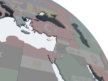 Kıbrıs katıştırılmış bayrak ile siyasi dünya üzerinde. 3D çizim.