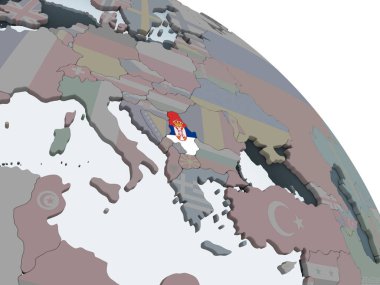 Sırbistan katıştırılmış bayrak ile siyasi dünya üzerinde. 3D çizim.