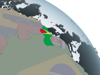 Guyana katıştırılmış bayrak ile siyasi dünya üzerinde. 3D çizim.