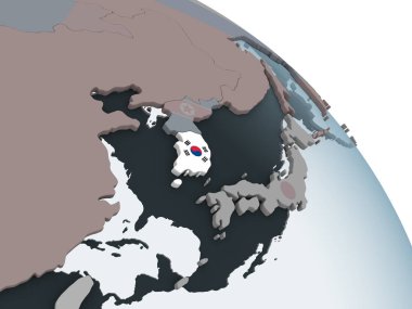 Güney Kore katıştırılmış bayrak ile siyasi dünya üzerinde. 3D çizim.