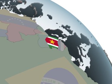 Surinam katıştırılmış bayrak ile siyasi dünya üzerinde. 3D çizim.