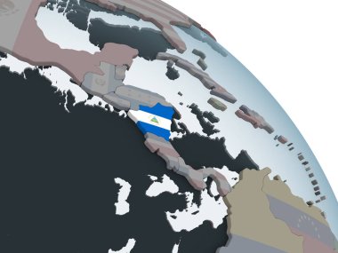Nikaragua katıştırılmış bayrak ile siyasi dünya üzerinde. 3D çizim.