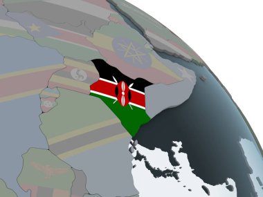 Kenya katıştırılmış bayrak ile siyasi dünya üzerinde. 3D çizim.