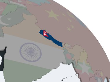 Nepal katıştırılmış bayrak ile siyasi dünya üzerinde. 3D çizim.