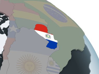 Paraguay katıştırılmış bayrak ile siyasi dünya üzerinde. 3D çizim.