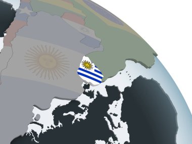 Uruguay katıştırılmış bayrak ile siyasi dünya üzerinde. 3D çizim.