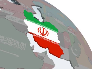 Iran katıştırılmış bayrak ile siyasi dünya üzerinde. 3D çizim.