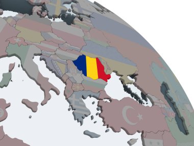 Romanya katıştırılmış bayrak ile siyasi dünya üzerinde. 3D çizim.