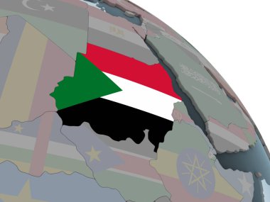 Sudan katıştırılmış bayrak ile siyasi dünya üzerinde. 3D çizim.