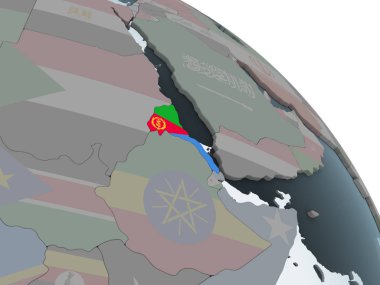 Eritre katıştırılmış bayrak ile siyasi dünya üzerinde. 3D çizim.