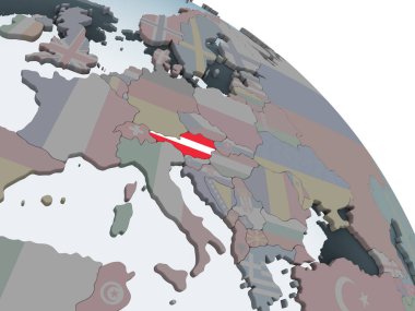 Avusturya katıştırılmış bayrak ile siyasi dünya üzerinde. 3D çizim.