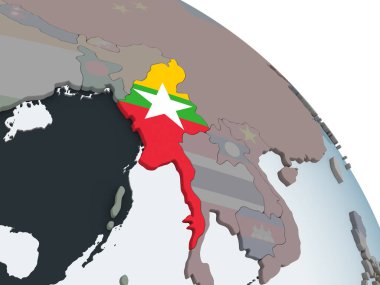 Myanmar katıştırılmış bayrak ile siyasi dünya üzerinde. 3D çizim.