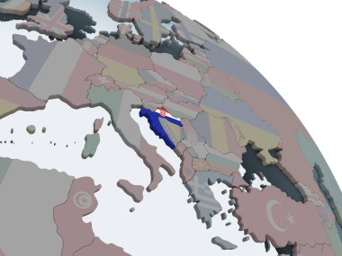 Hırvatistan katıştırılmış bayrak ile siyasi dünya üzerinde. 3D çizim.