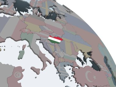 Macaristan katıştırılmış bayrak ile siyasi dünya üzerinde. 3D çizim.