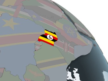 Uganda katıştırılmış bayrak ile siyasi dünya üzerinde. 3D çizim.