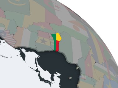 Benin katıştırılmış bayrak ile siyasi dünya üzerinde. 3D çizim.