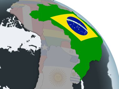 Brezilya katıştırılmış bayrak ile siyasi dünya üzerinde. 3D çizim.