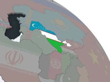 Özbekistan katıştırılmış bayrak ile siyasi dünya üzerinde. 3D çizim.