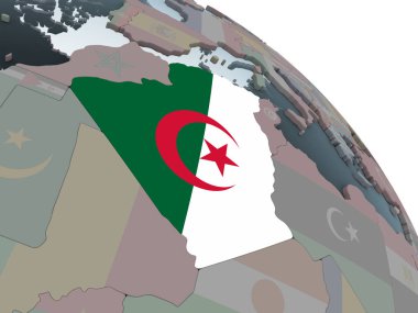 Cezayir katıştırılmış bayrak ile siyasi dünya üzerinde. 3D çizim.