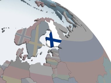 Finlandiya katıştırılmış bayrak ile siyasi dünya üzerinde. 3D çizim.