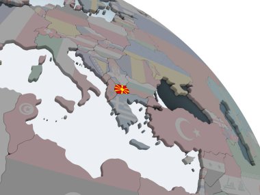 Makedonya katıştırılmış bayrak ile siyasi dünya üzerinde. 3D çizim.
