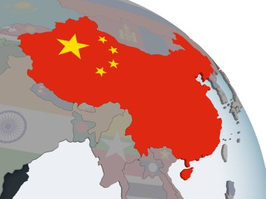 Çin katıştırılmış bayrak ile siyasi dünya üzerinde. 3D çizim.