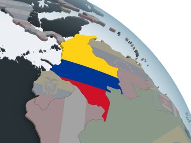 Kolombiya katıştırılmış bayrak ile siyasi dünya üzerinde. 3D çizim.