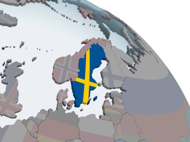 İsveç katıştırılmış bayrak ile siyasi dünya üzerinde. 3D çizim.