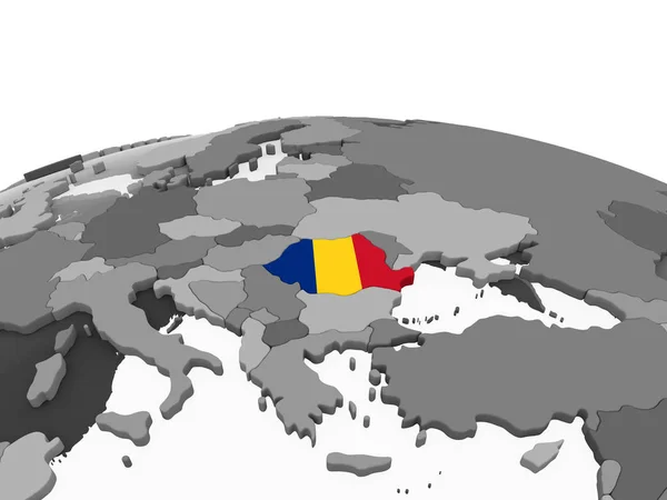 Rumänien Grå Politiska Jordglob Med Inbäddade Flagga Illustration — Stockfoto