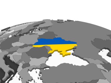 Ukrayna katıştırılmış bayrak ile gri siyasi dünya üzerinde. 3D çizim.